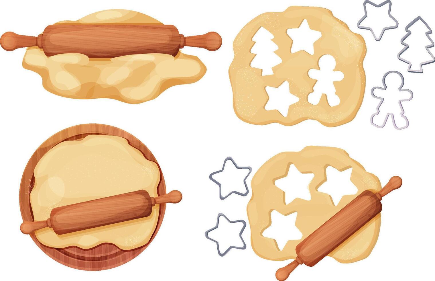 ensemble en bois roulant épingle avec pâte et farine manipuler culinaire équipement sur rond en bois conseil, biscuit coupeur dans dessin animé style isolé sur blanc Contexte. bois texturé rouleau, ustensile, boulanger recette. vecteur