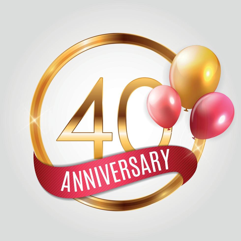 modèle logo or 40 ans anniversaire avec ruban et ballons vector illustration