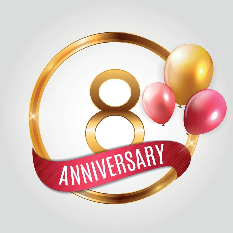 modèle logo or 8 ans anniversaire avec ruban et ballons vector illustration