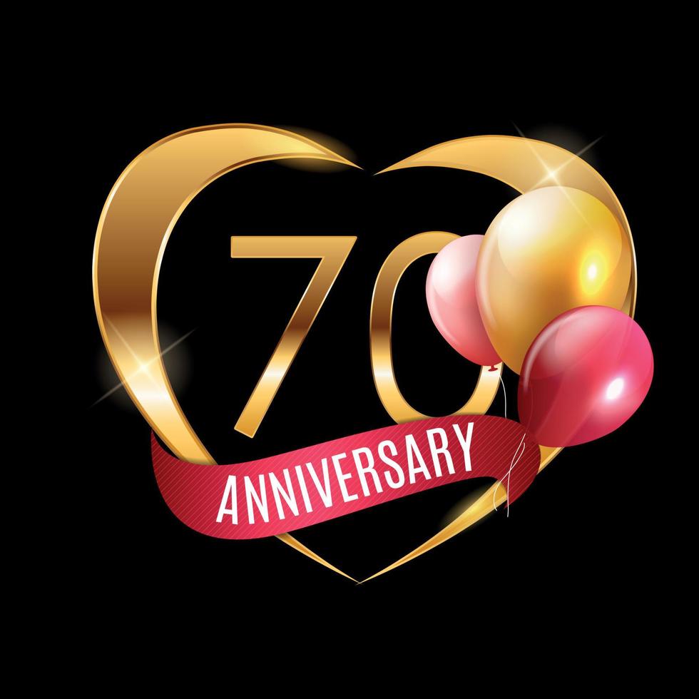 modèle logo or 70 ans anniversaire avec ruban et ballons vector illustration