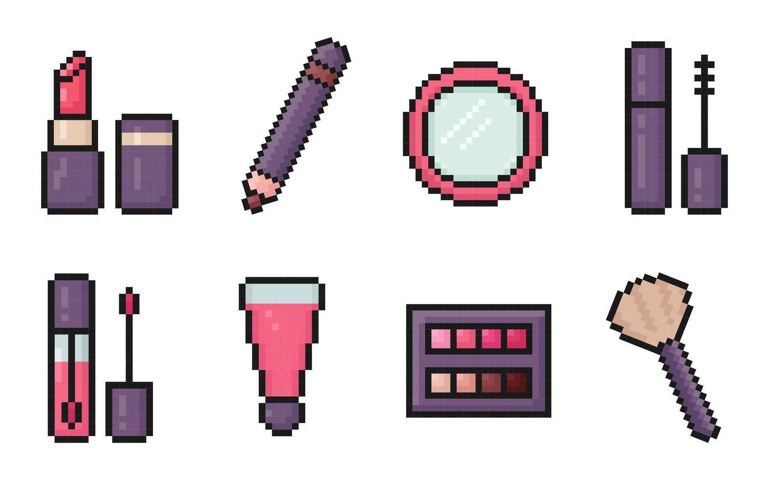 produits de beauté pixel art icône ensemble, fille accessoires, années 80, Années 90 arcade Jeu style, rouge à lèvres, œil crayon, miroir, mascara, lèvre baume, le fard à paupières palette, brosse, éléments pour jeu, app et plus vecteur