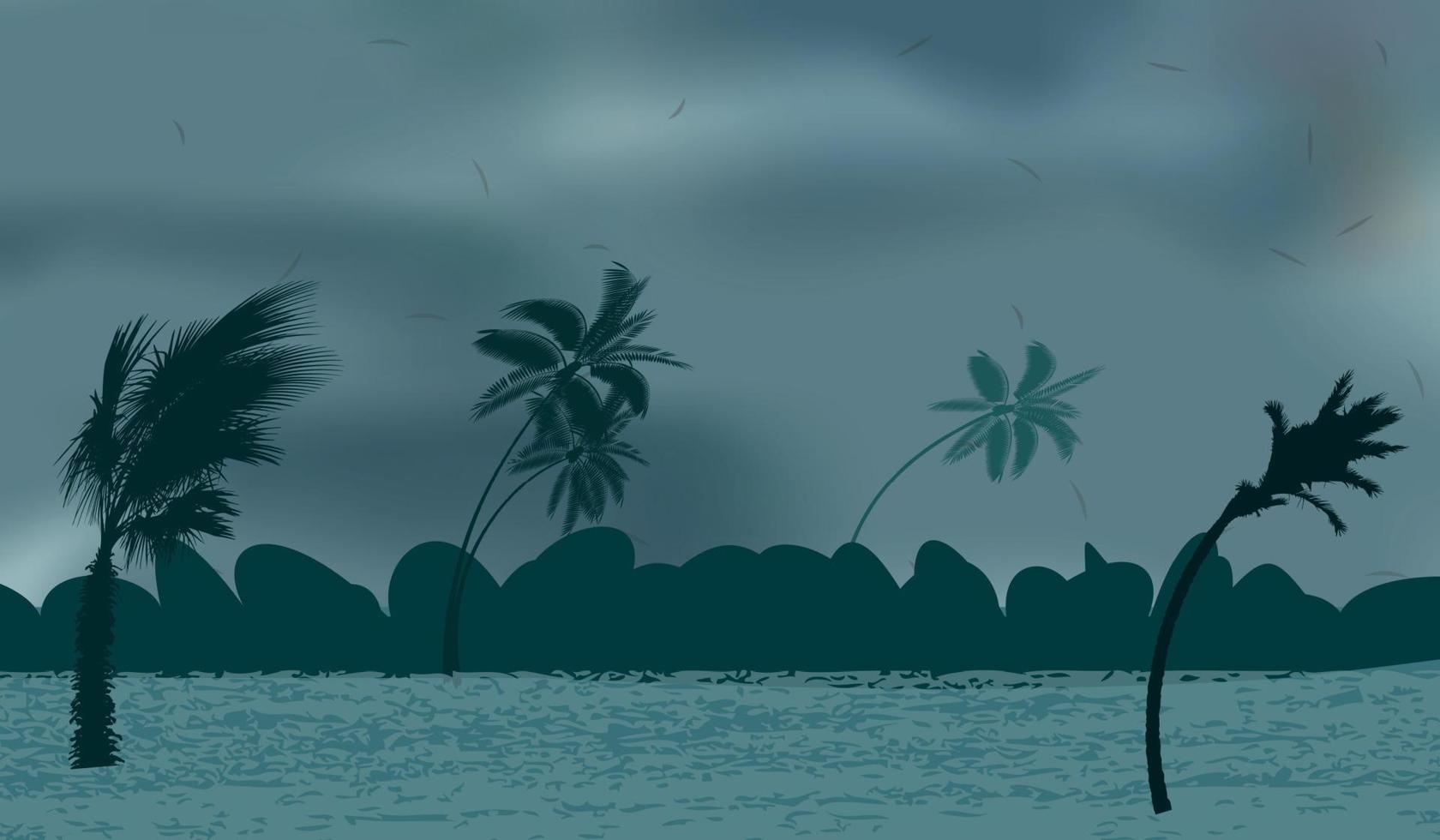 palmiers pendant la tempête et l'ouragan. les feuilles volent à travers le ciel de la ville de la tempête. illustration vectorielle vecteur