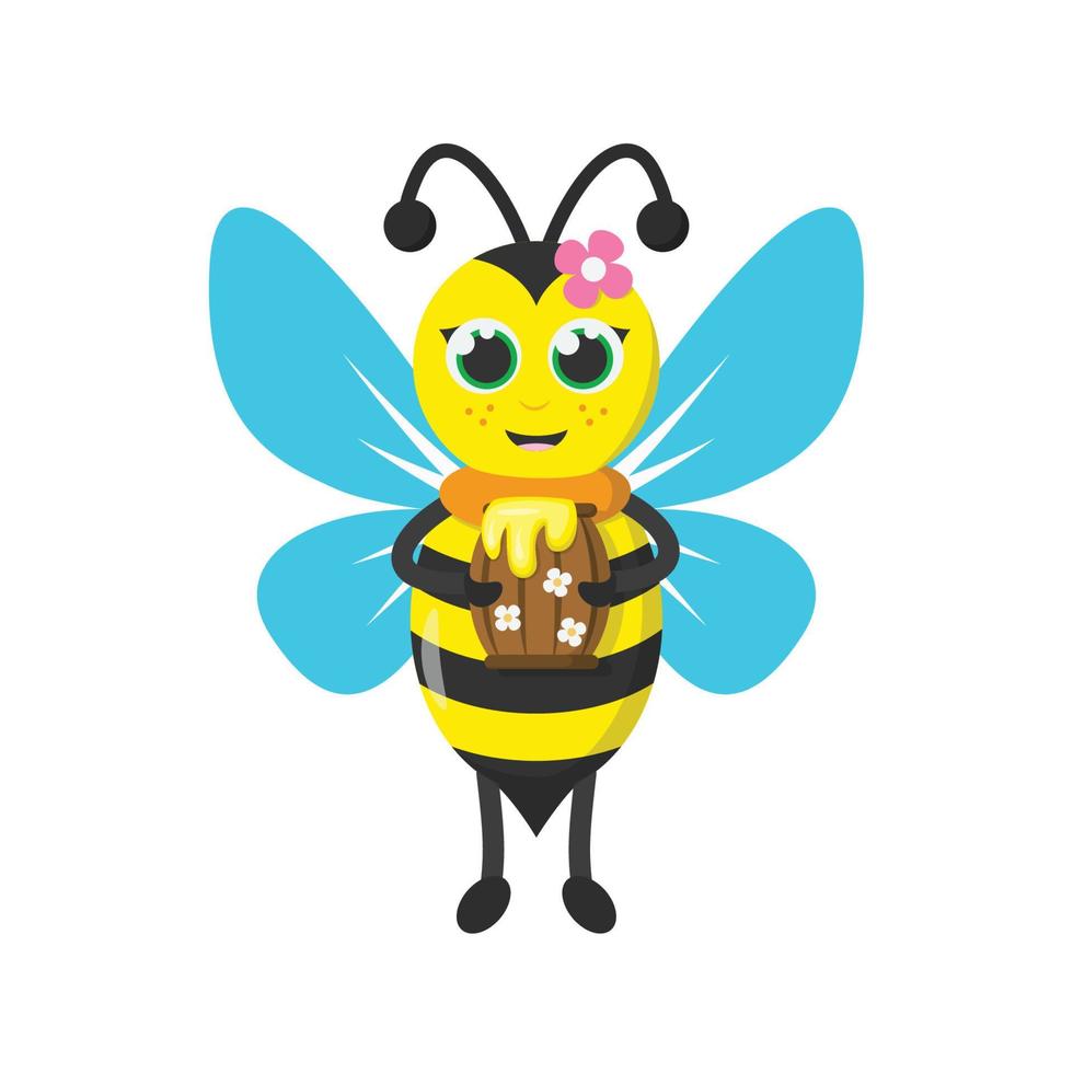 abeille de dessin animé mignon avec baril plein de miel vecteur