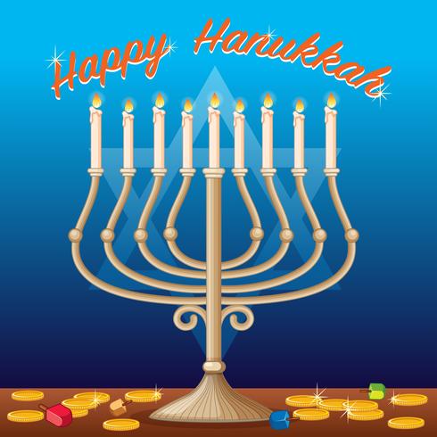 Modèle de carte Happy Hanukkah avec des lumières et des pièces vecteur