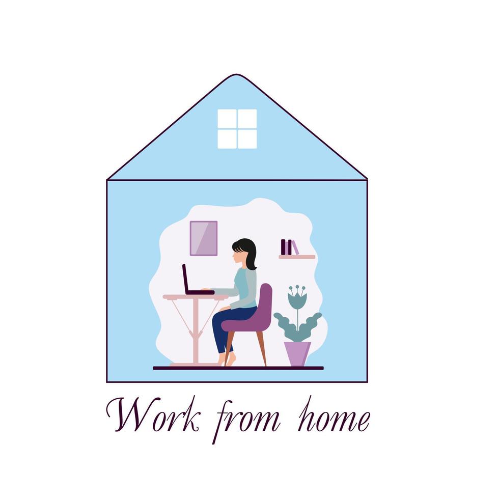 une femme travaille à la maison sur un ordinateur. le concept de travail indépendant, de travail de bureau, d'isolement pendant la quarantaine de coronavirus. illustration vectorielle d'un style plat. vecteur