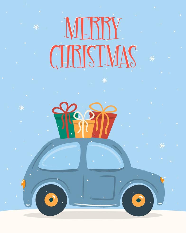 voiture bleue de noël avec des coffrets cadeaux. joyeux Noël. illustration vectorielle de style dessin animé plat. carte de Noël. vecteur