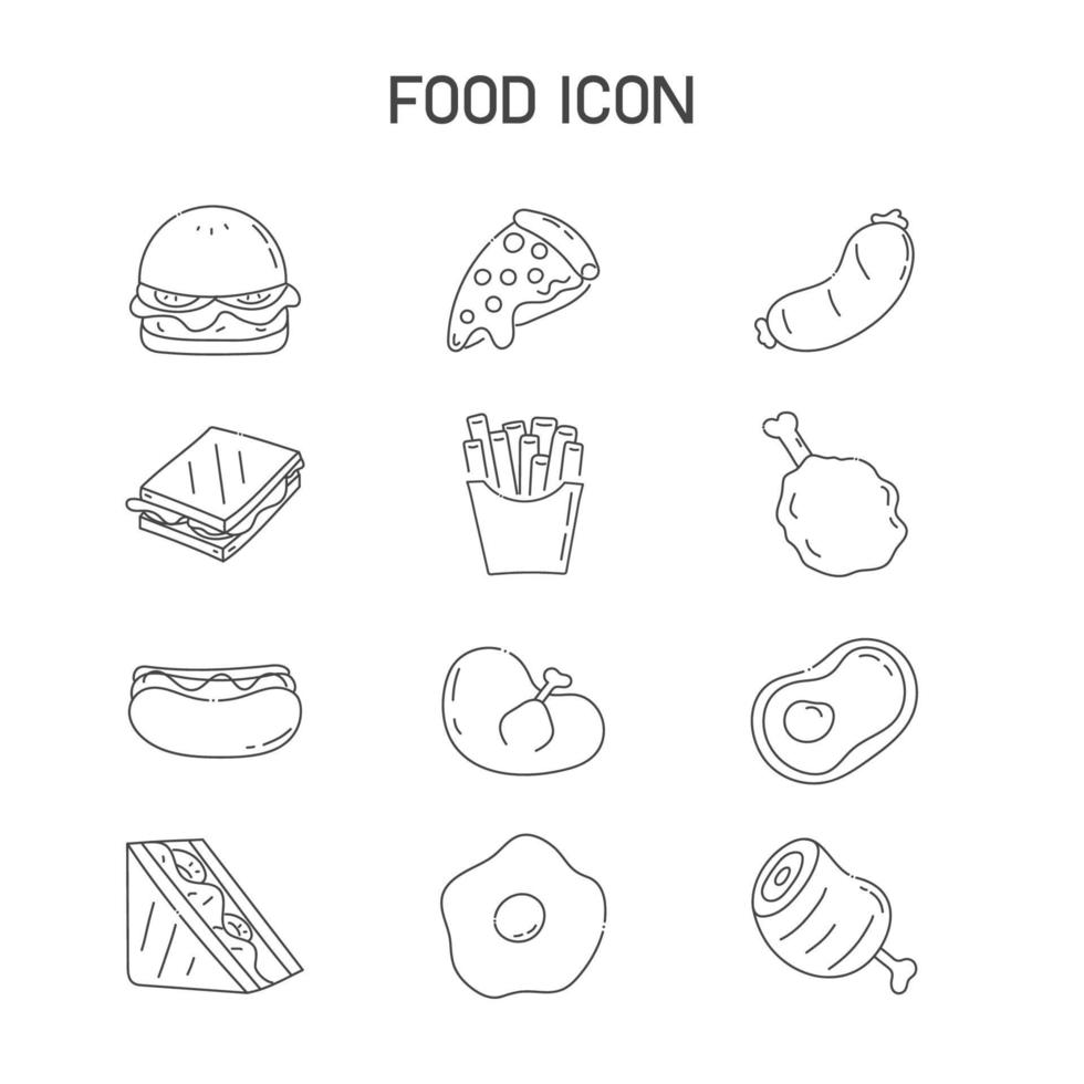 jeu d'icônes de nourriture, symbole, contour noir, 12 icônes, vecteur, illustration. vecteur