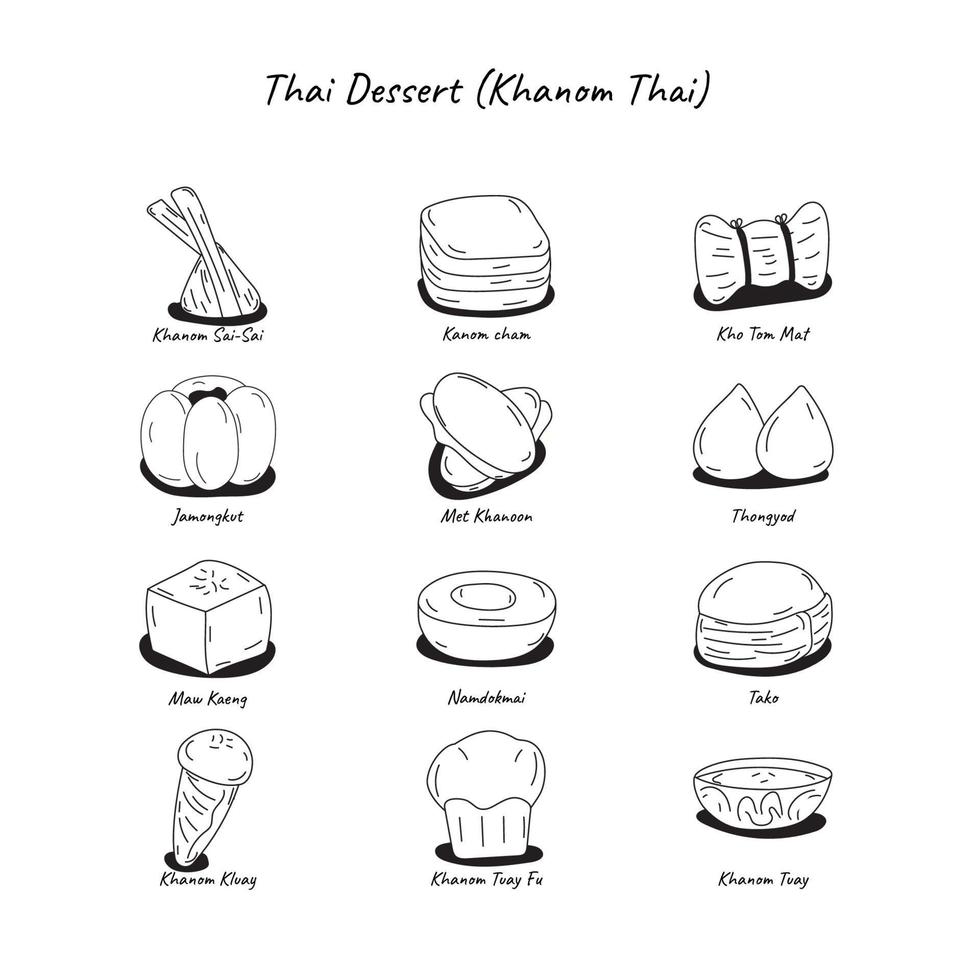 jeu d'icônes de dessert thaï, 12 icônes, contour noir, nom sous les icônes, vecteur, illustration. vecteur