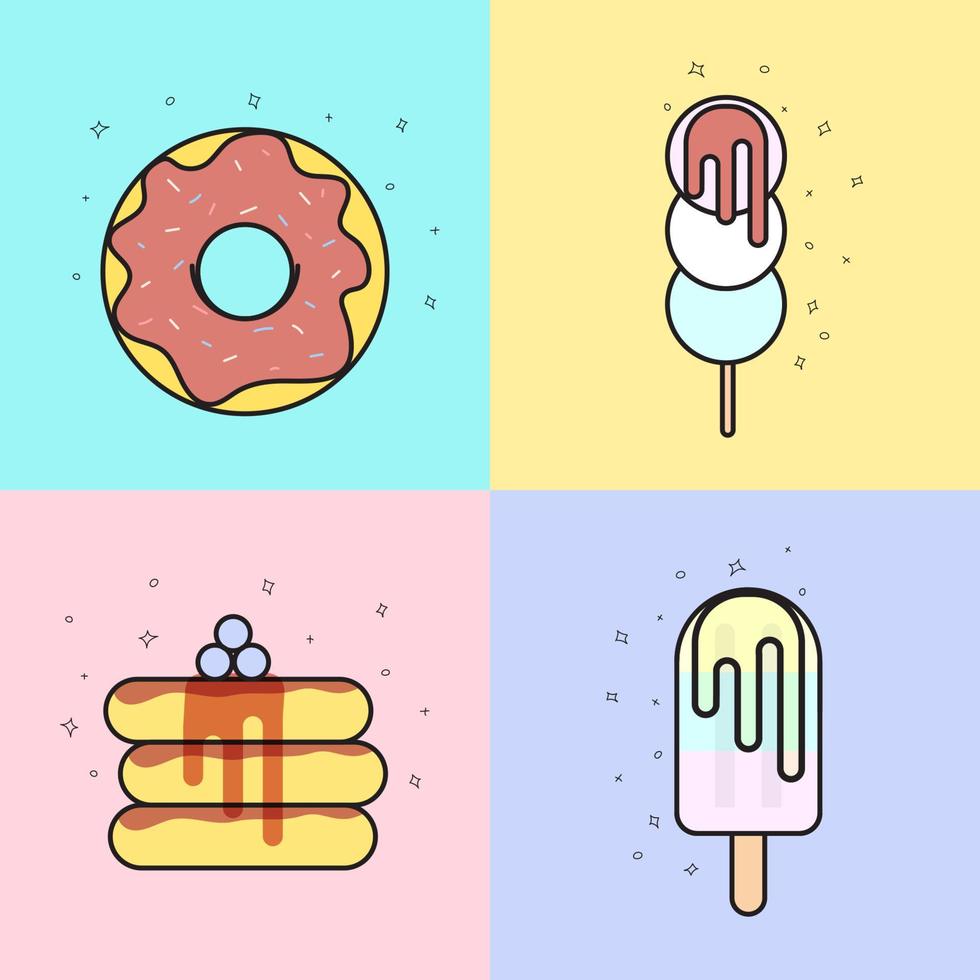 illustration de quatre desserts. coloré. beignets, mochi, crêpes, sucettes glacées. vecteur