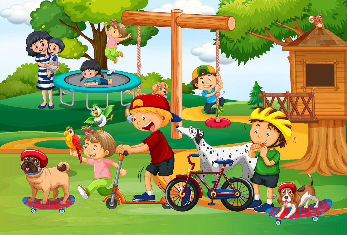 enfants jouant avec leurs animaux sur l'aire de jeux vecteur