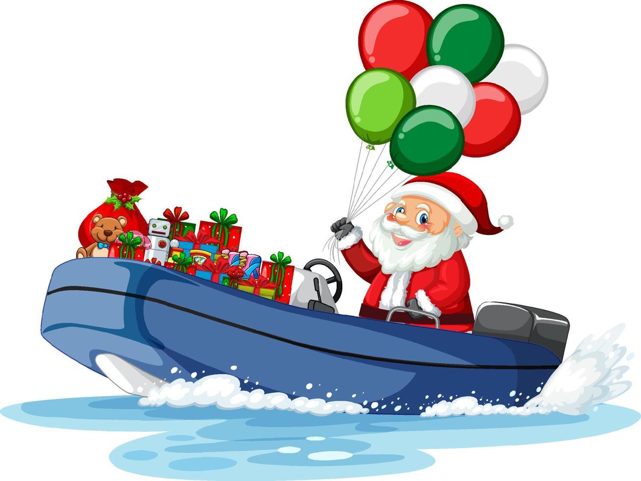 le père noël sur le bateau avec ses cadeaux vecteur