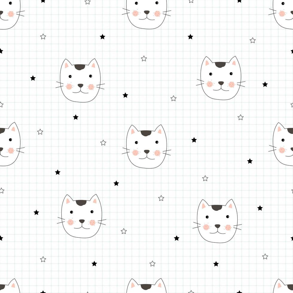 motif vectoriel continu fond de dessin animé animal mignon avec un visage de chat dessiné à la main dans un style enfant et avec une grille carrée comme fond d'écran. utilisé pour les tissus, textiles, papiers peints