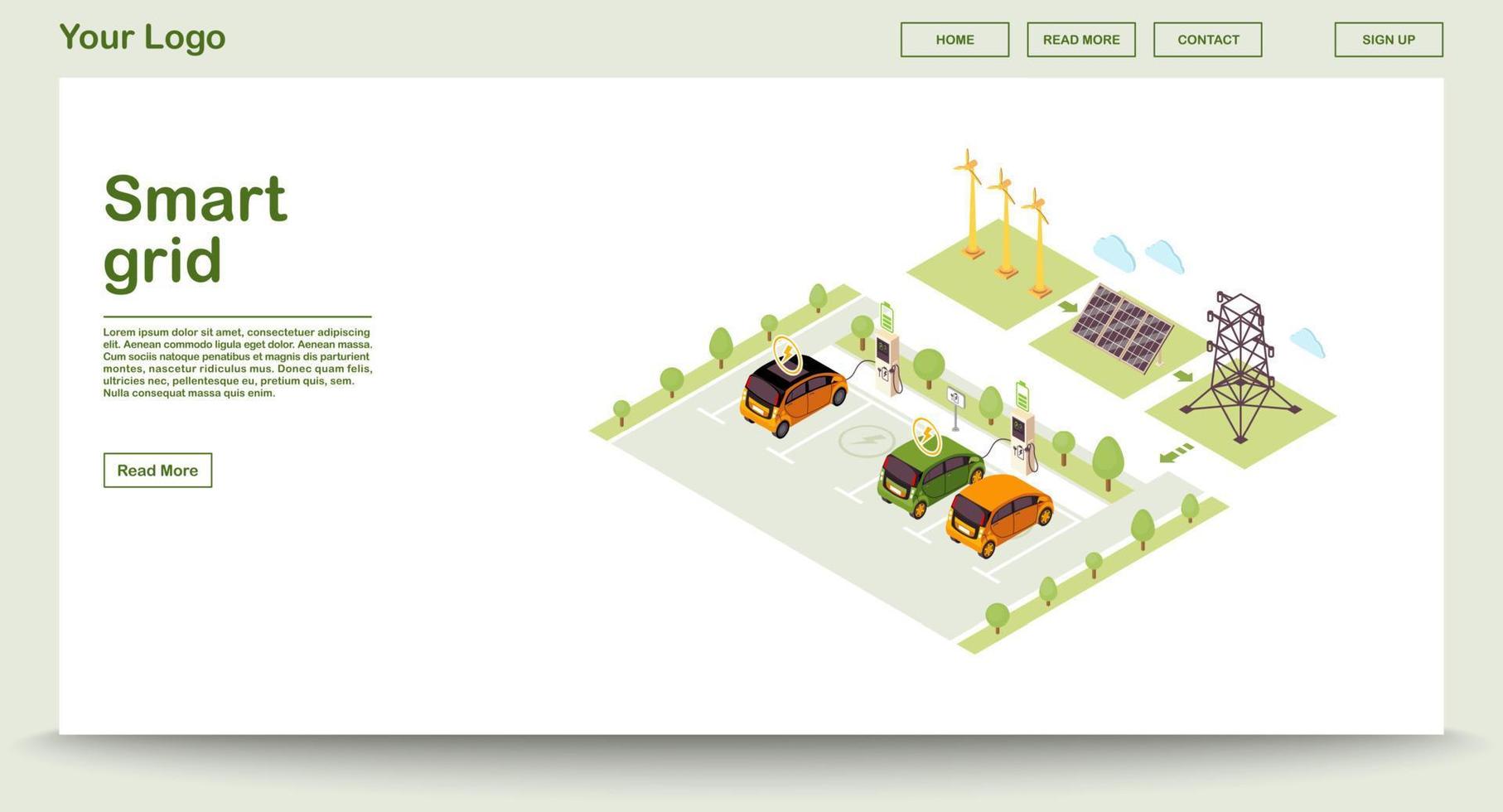 modèle vectoriel de page Web de station de charge de véhicule électrique avec illustration isométrique. grille intelligente. production d'énergie solaire. énergie renouvelable. conception d'interface de site Web. page Web, concept 3d d'application mobile