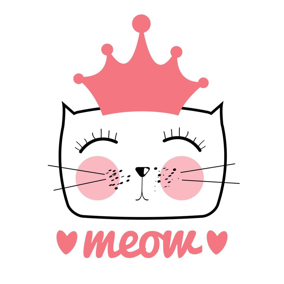 illustration vectorielle de chat mignon dessinés à la main. petite princesse avec concept de couronne vecteur