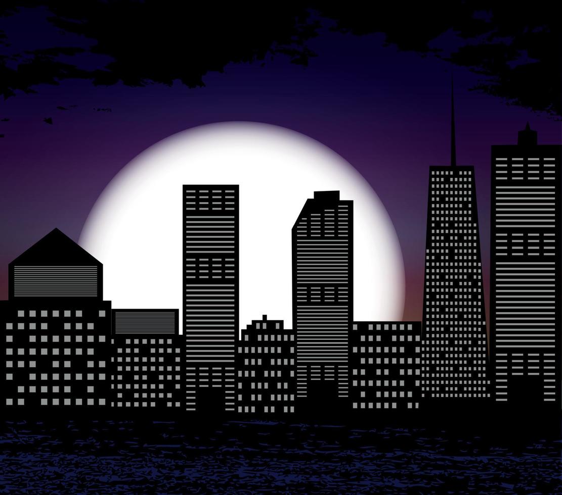 silhouette de grande ville sur fond de lune blanche. illustration vectorielle. vecteur