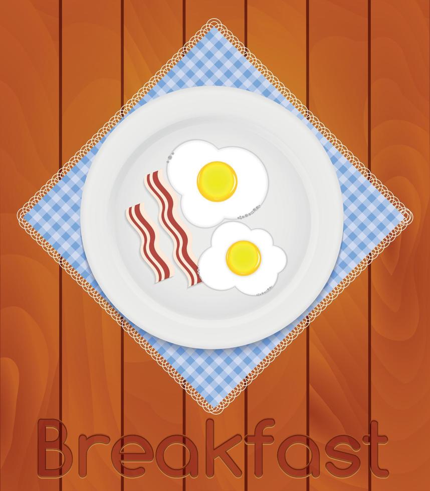 plaque blanche avec des œufs au plat sur une serviette de cuisine à l'illustration vectorielle de fond de planches de bois vecteur