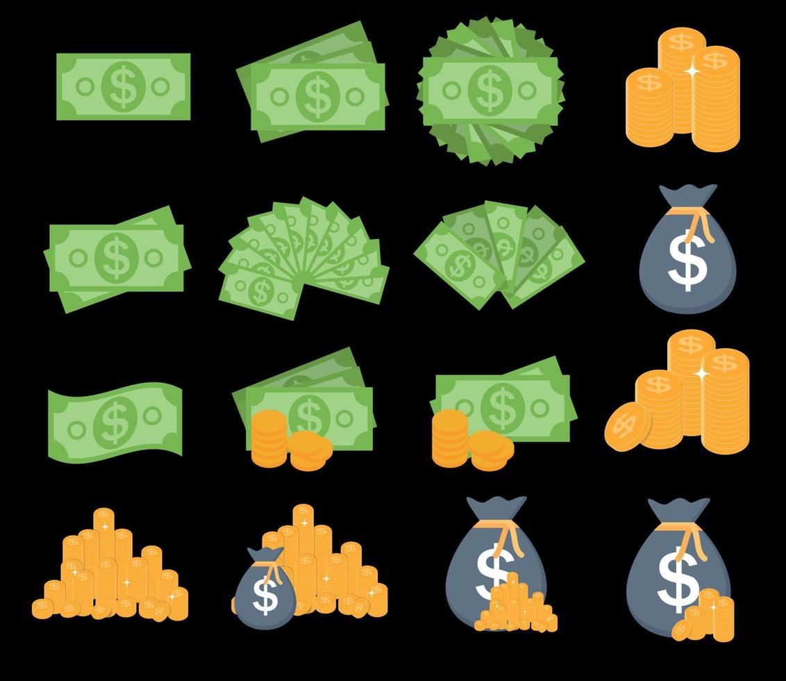 Billets de banque en papier de pile de dollars américains et ensemble de collection de signes d'icône de pièces d'or. illustration vectorielle de business finance argent concept vecteur