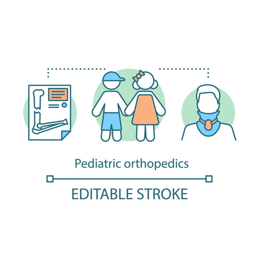 icône de concept d'orthopédie pédiatrique. fracture et entorse des enfants. physiothérapie et rééducation. illustration de fine ligne idée centre de santé de garde d'enfants. dessin de contour isolé de vecteur. trait modifiable vecteur