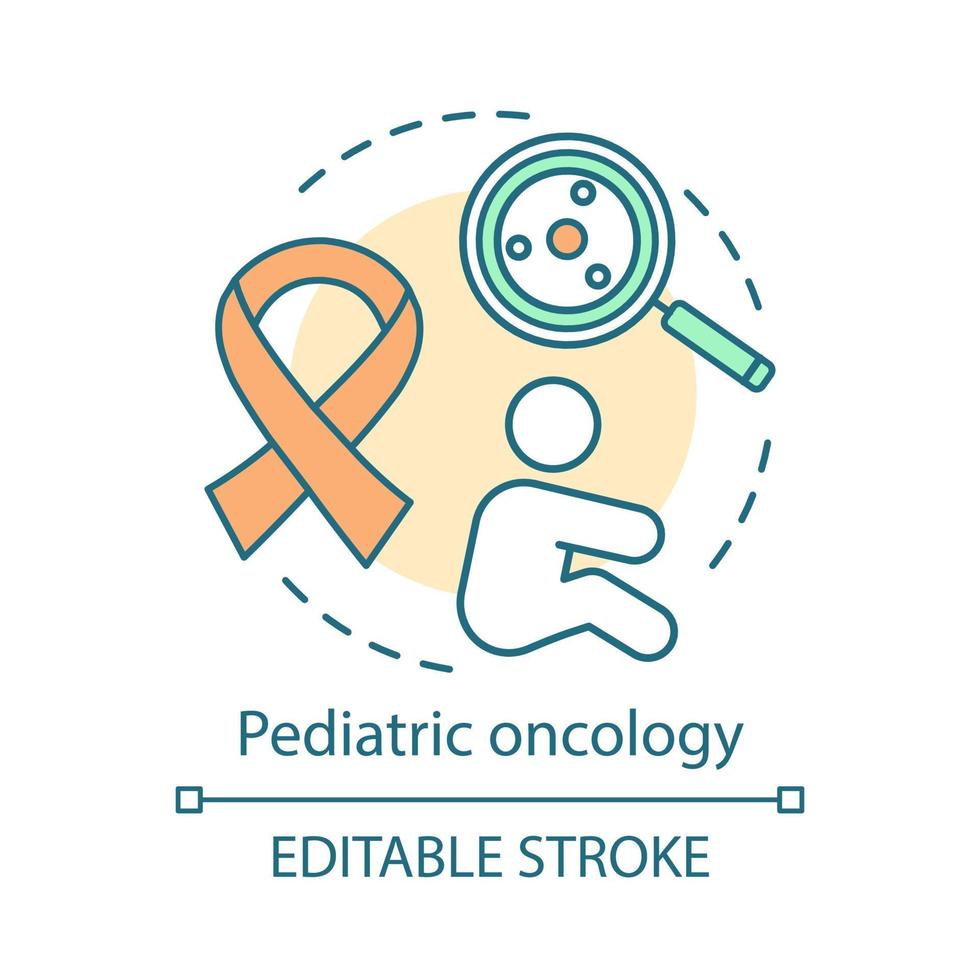 icône de concept d'oncologie pédiatrique. soins infirmiers. cancer des enfants. ruban de sensibilisation, test de laboratoire. illustration de la ligne mince de l'idée de la maladie de l'oncologie de l'enfant. dessin de contour isolé de vecteur. trait modifiable vecteur