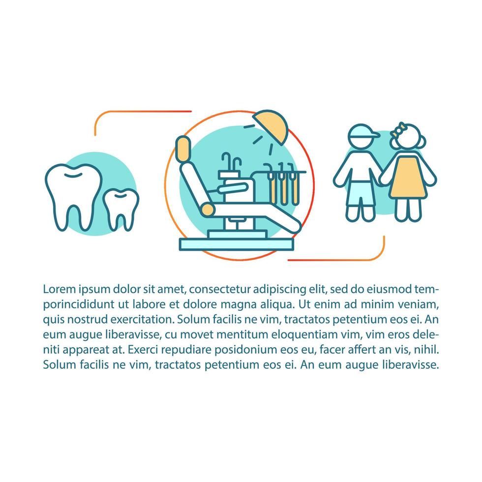 modèle vectoriel de page d'article de dentisterie pédiatrique. cabinet dentaire, soins dentaires. brochure, magazine, élément de conception de livret avec icônes et zones de texte. design d'impression. illustrations de concept avec espace de texte