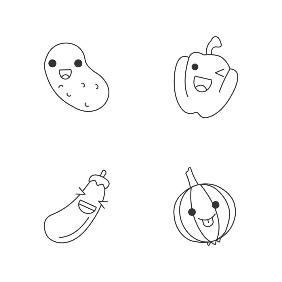 légumes personnages linéaires kawaii mignons. pomme de terre et oignon heureux. papper riant et aubergine. jeu d'icônes de fine ligne. illustration vectorielle contour isolé. trait modifiable vecteur