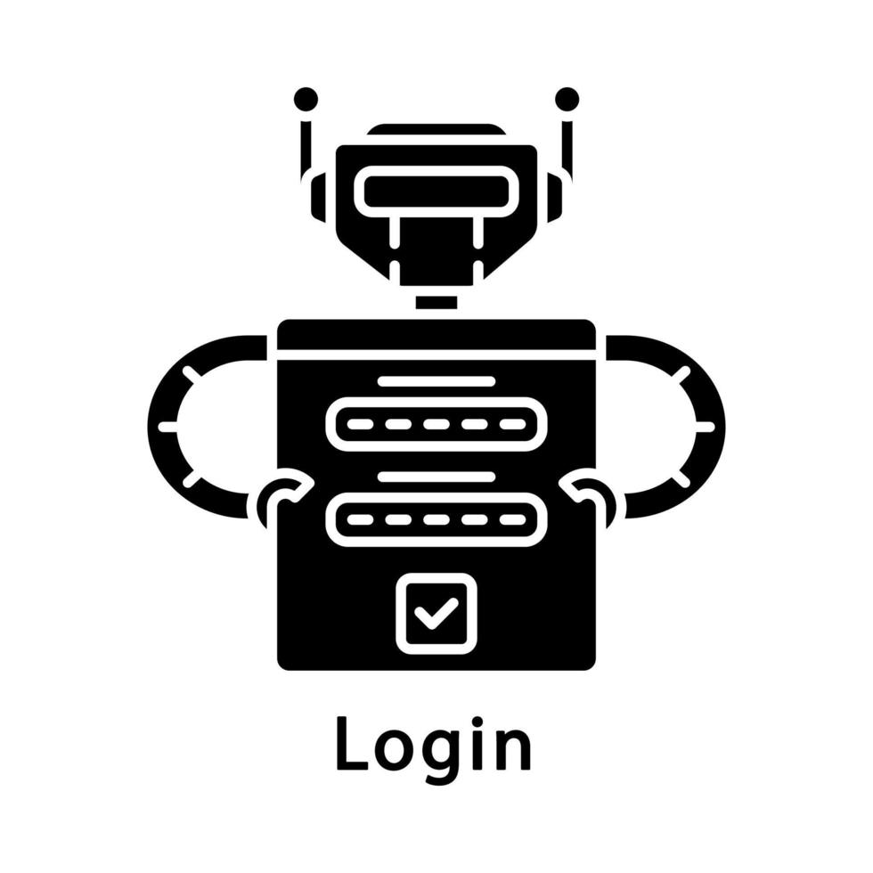 icône de glyphe de connexion. robot se connectant à l'application. bot internet. formulaire d'autorisation. automatisation des processus robotiques. symbole de silhouette. espace négatif. illustration vectorielle isolée vecteur