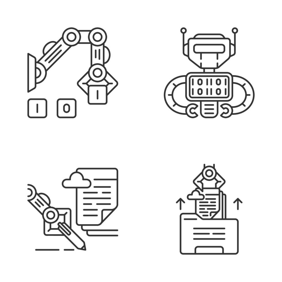 Ensemble d'icônes linéaires rpa. automatisation des processus robotiques. automatiser les flux de travail. robot créant une base de données et manipulant des données. symboles de contour de ligne mince. illustrations de contour de vecteur isolé. trait modifiable