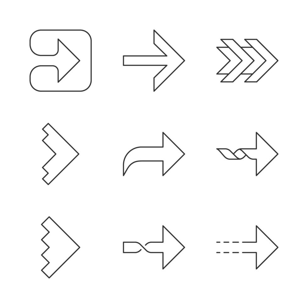 ensemble d'icônes linéaires flèches droites. flèches courbes, pointillées, tordues à côté, vers l'avant. aiguille. pointe de flèche indiquant vers la droite. symboles de contour de ligne mince. illustrations de contour de vecteur isolé. trait modifiable