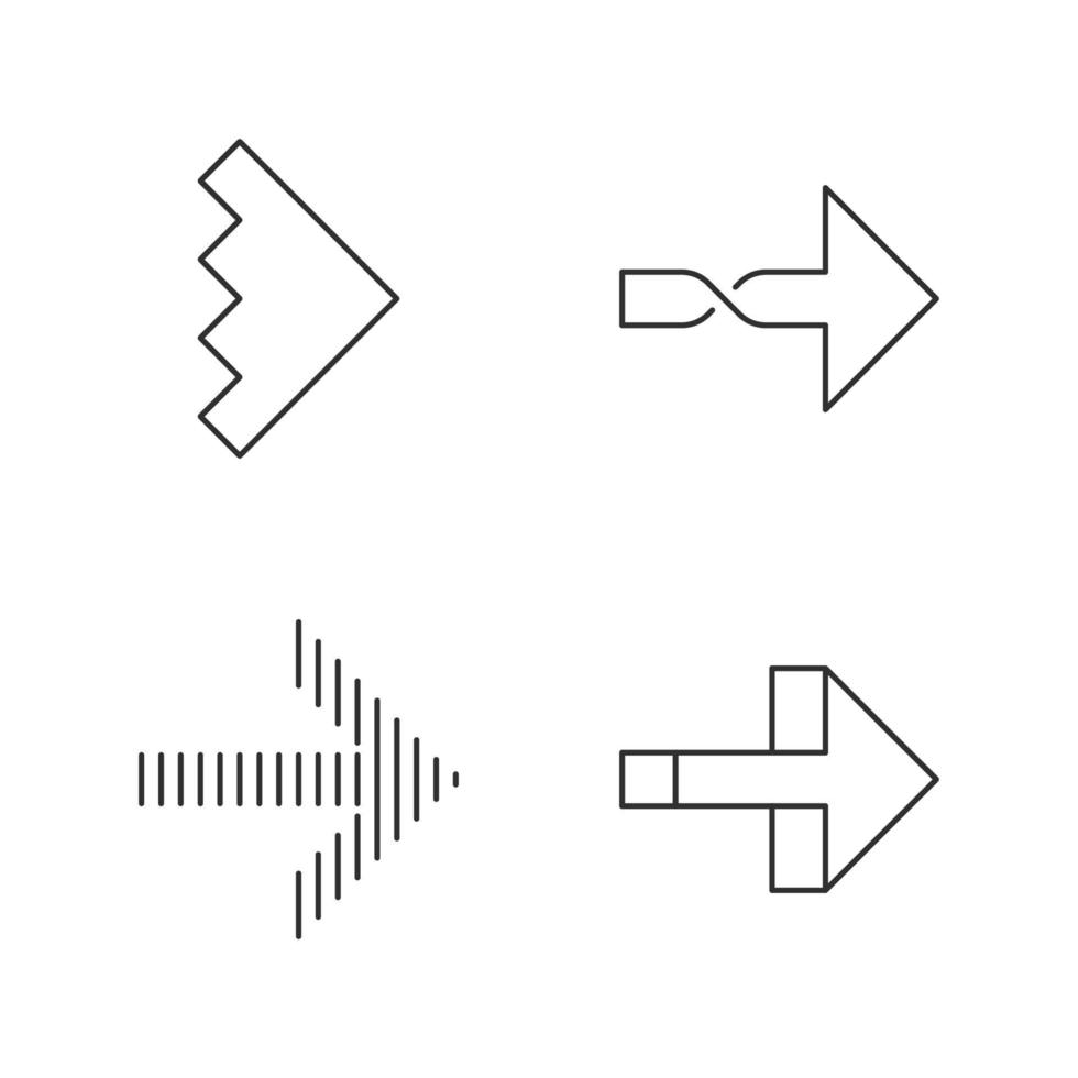 ensemble d'icônes linéaires de flèches vers la droite. flèches tordues, encochées à côté, vers l'avant. signe de pointeur de navigation. symbole de pointage. symboles de contour de ligne mince. illustrations de contour de vecteur isolé. trait modifiable