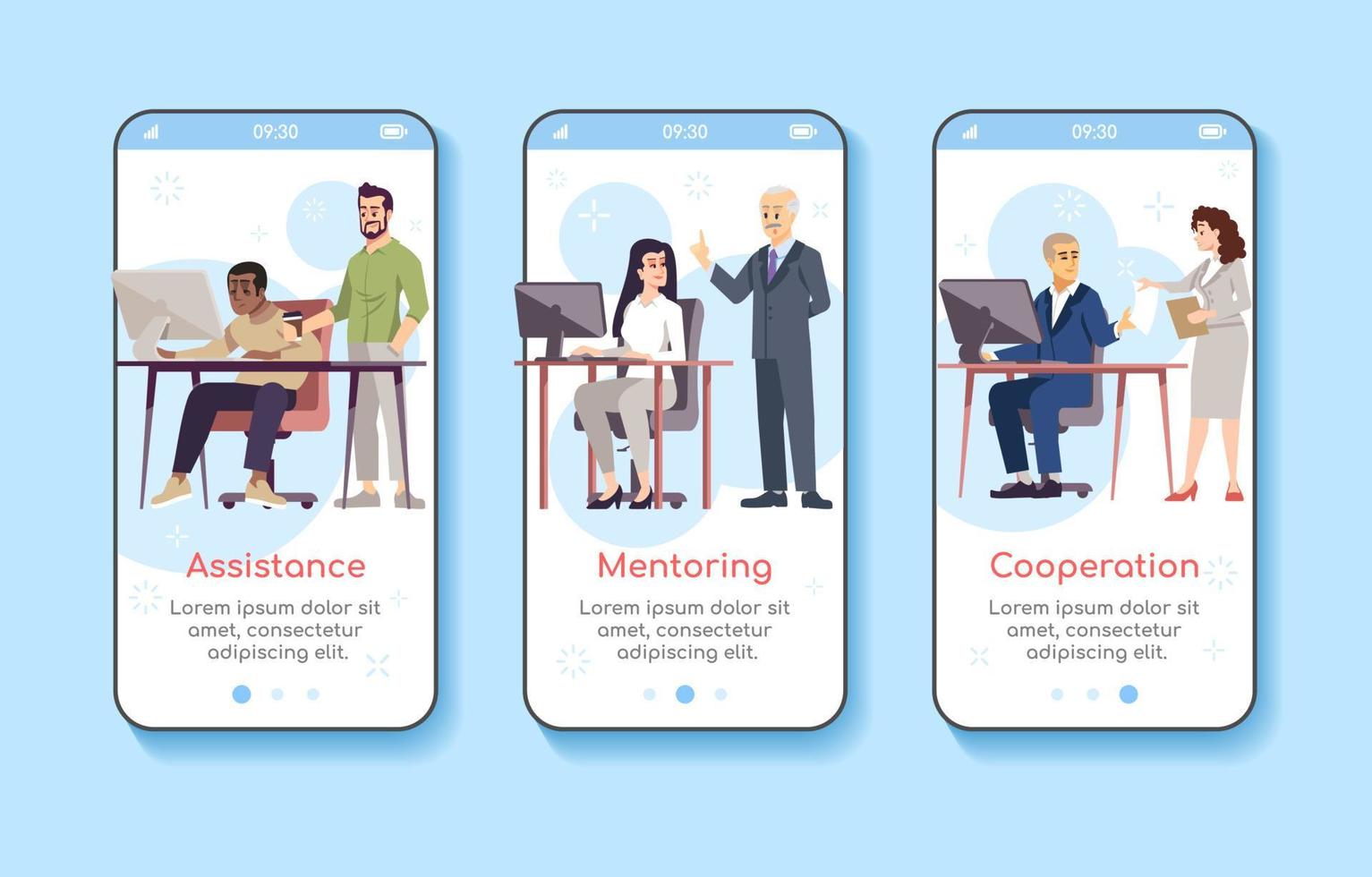 leadership, équipe dirigeante d'intégration du modèle vectoriel d'écran d'application mobile. assistance, mentorat, coopération. Procédure pas à pas du site Web avec des caractères plats. interface de dessin animé pour smartphone ux, ui, gui