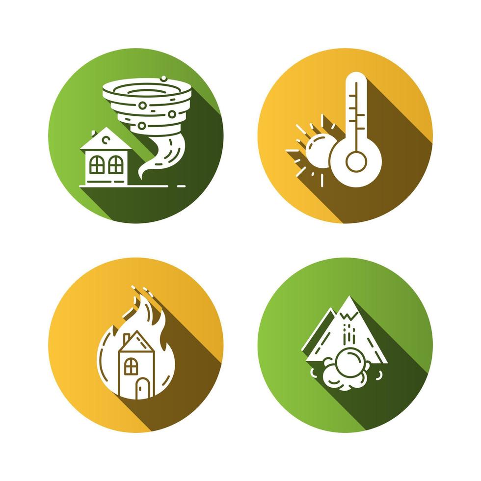 ensemble d'icônes de glyphe grandissime design plat catastrophe naturelle. tornade, sécheresse, incendie, avalanche. cas d'assurance. événements extrêmes. force destructrice de la nature. illustration vectorielle vecteur