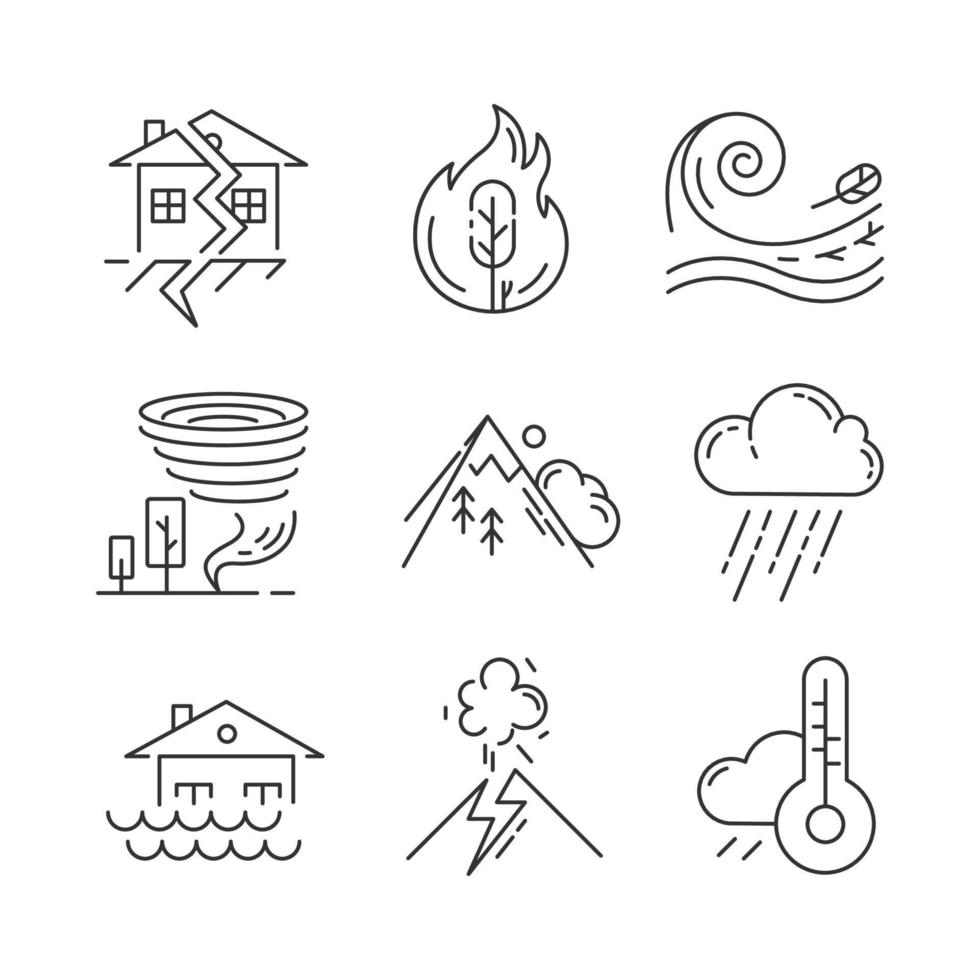 ensemble d'icônes linéaires de catastrophe naturelle. feu de forêt, tremblement de terre, tornade, avalanche. catastrophes géologiques et atmosphériques. symboles de contour de ligne mince. illustrations de contour de vecteur isolé. trait modifiable