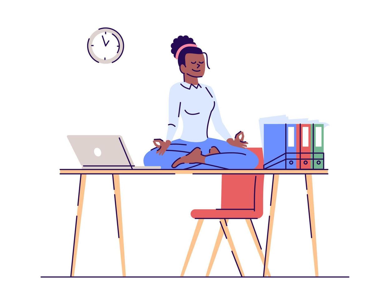 jeune femme méditant sur l'illustration vectorielle plane en milieu de travail. la gestion du stress. équilibre mental. girl, délassant, dans, position lotus, isolé, dessin animé, caractère, à, contour, éléments, blanc, fond vecteur