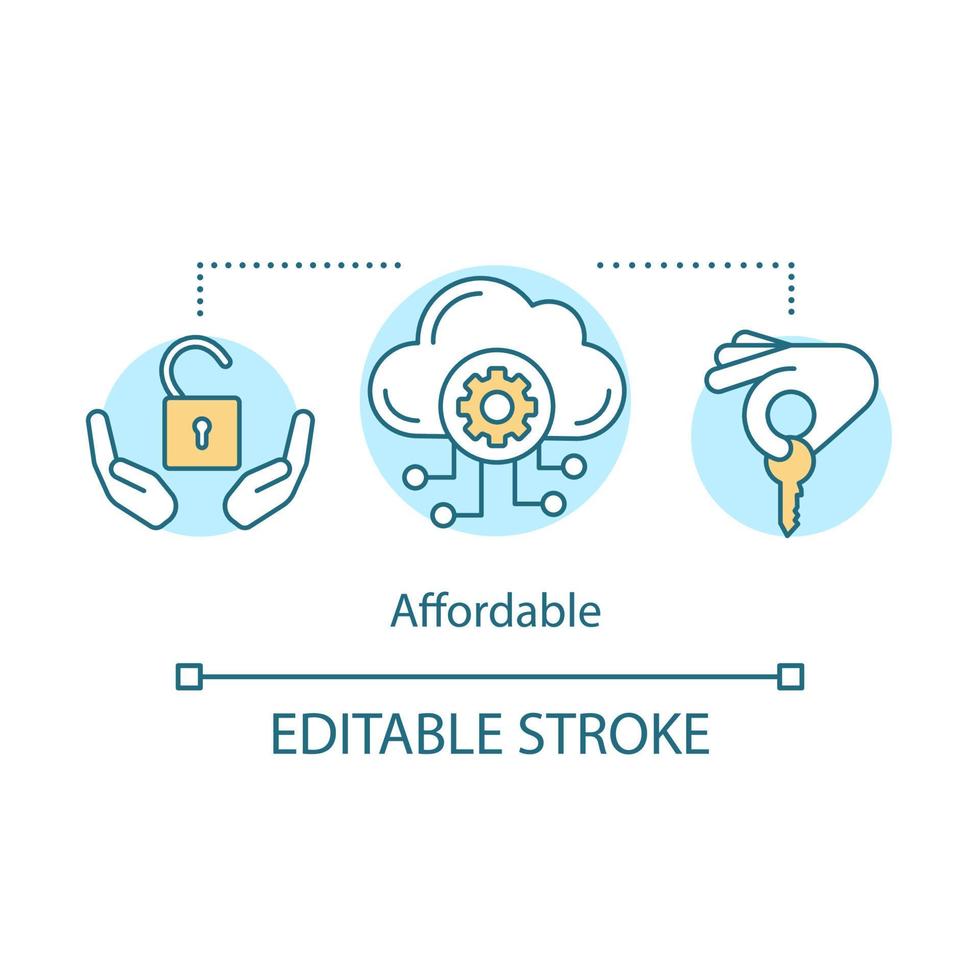 icône de concept d'abordabilité. clé en main, cadenas ouvert. Cloud computing. accès libre. hébergement Web. illustration de ligne mince idée de stockage de données. dessin de contour isolé de vecteur. trait modifiable vecteur