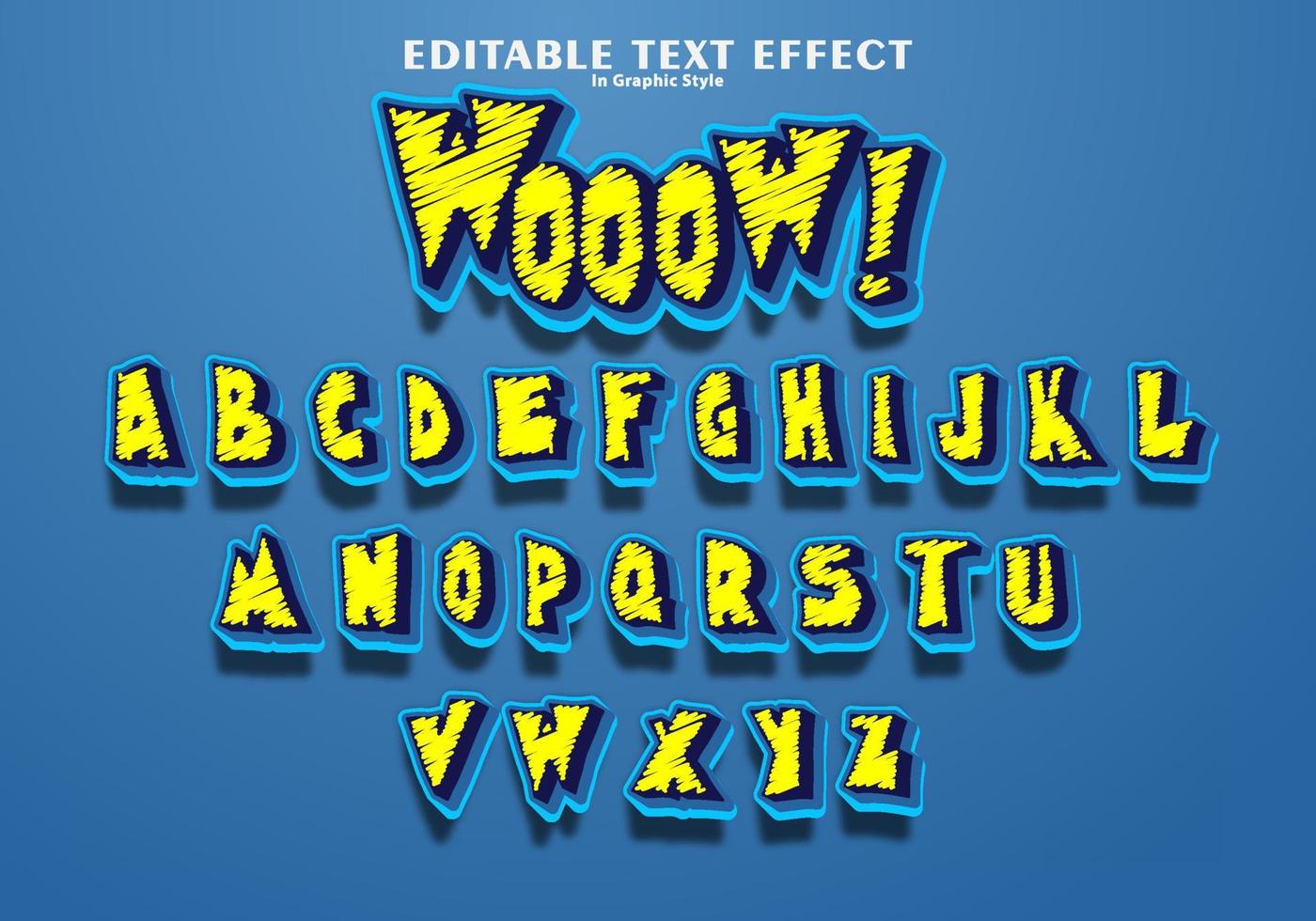 effet de texte wow modifiable dans un style graphique effet de texte griffonnage jaune et bleu vecteur