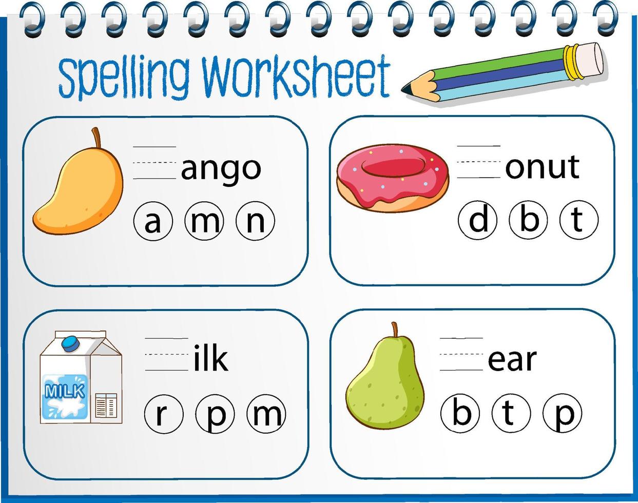 modèle de feuille d'orthographe pour les enfants vecteur