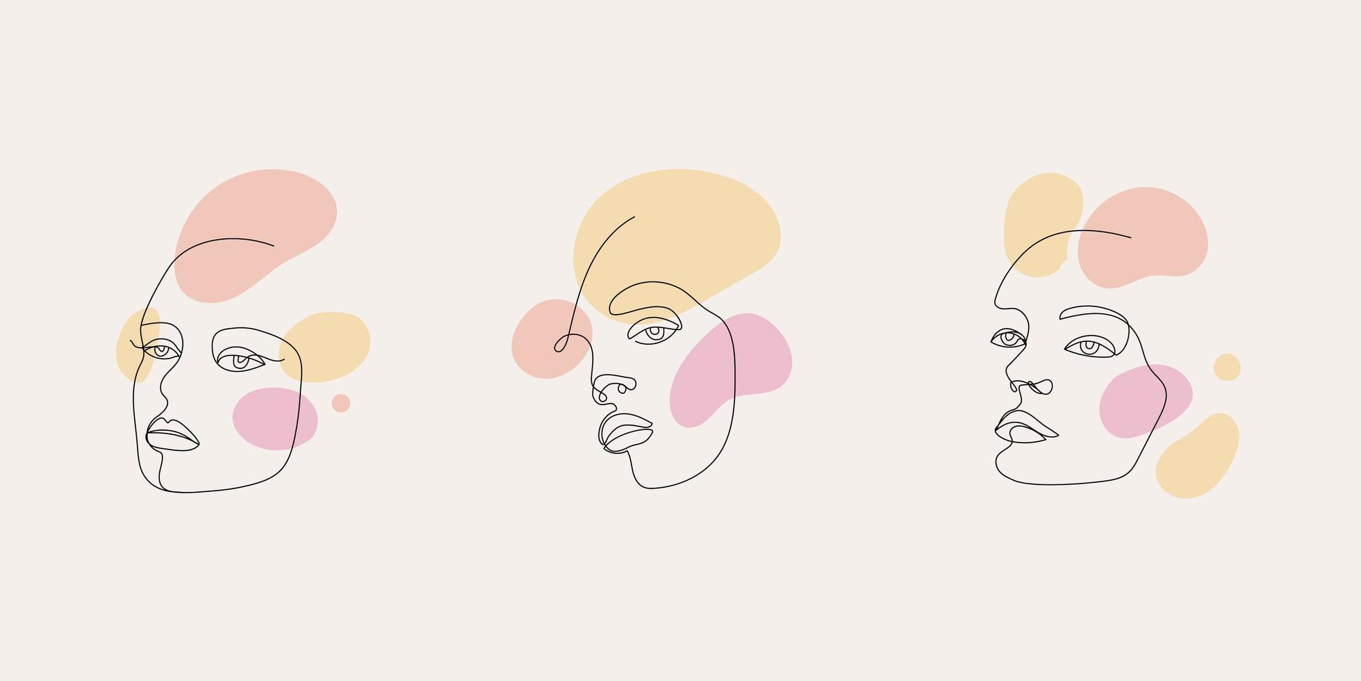 ensemble d'images vectorielles de visages de femmes, illustrations d'art en ligne, logos avec des taches. utiliser pour les impressions, les tatouages, les affiches, le textile, les logotypes, les cartes, etc. vecteur