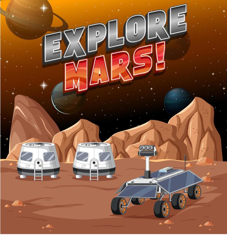 station spatiale sur la planète avec le logo explore mars vecteur