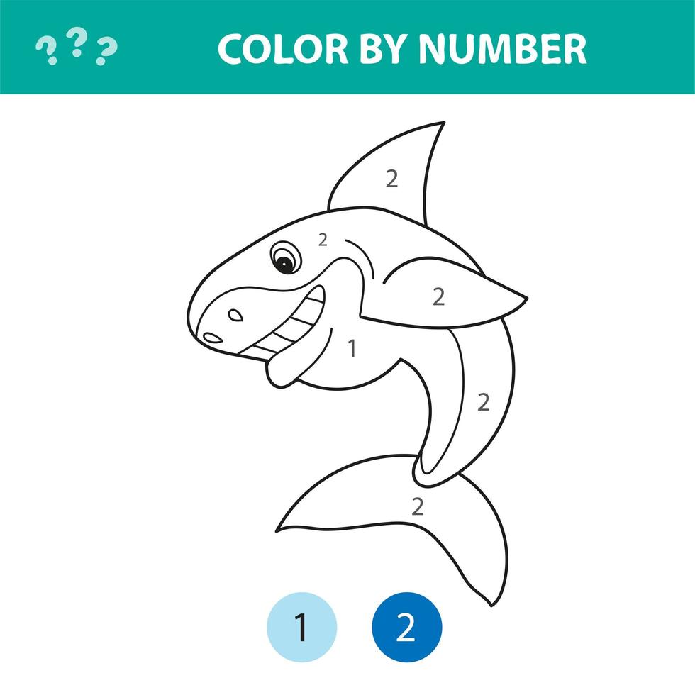 page de coloriage de nombres. requin de dessin animé mignon. jeu éducatif pour les enfants d'âge préscolaire vecteur