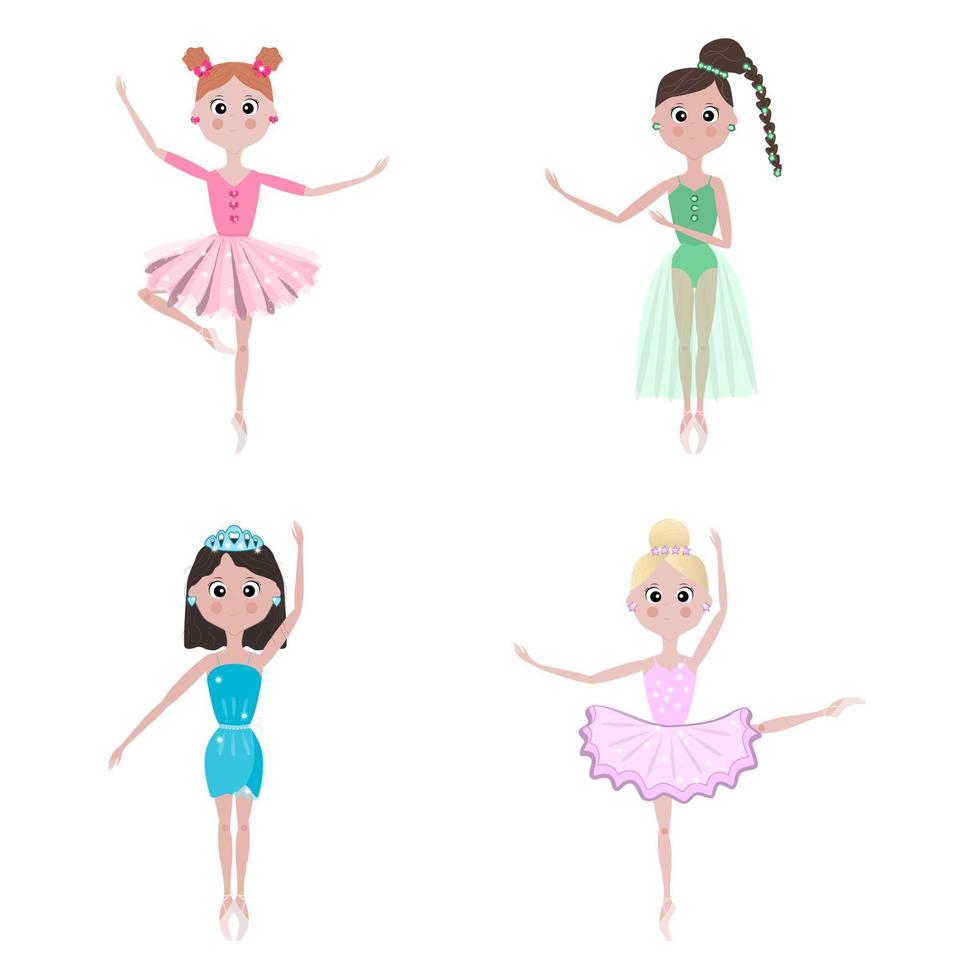 jolies petites ballerines, filles qui dansent. amour du ballet. illustration vectorielle, une collection de quatre personnages. vecteur