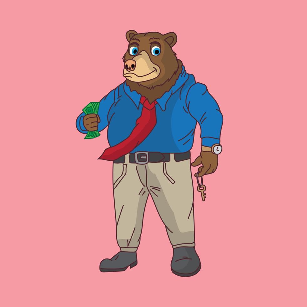 ours riche gros ours mascotte personnage de dessin animé tenant de l'argent et des clés de voiture vecteur