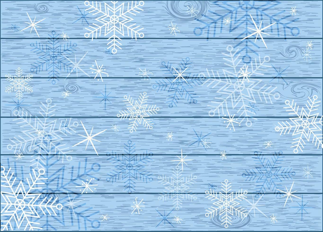 texture de fond bleu d'une planche avec carte postale de flocons de neige blancs vecteur