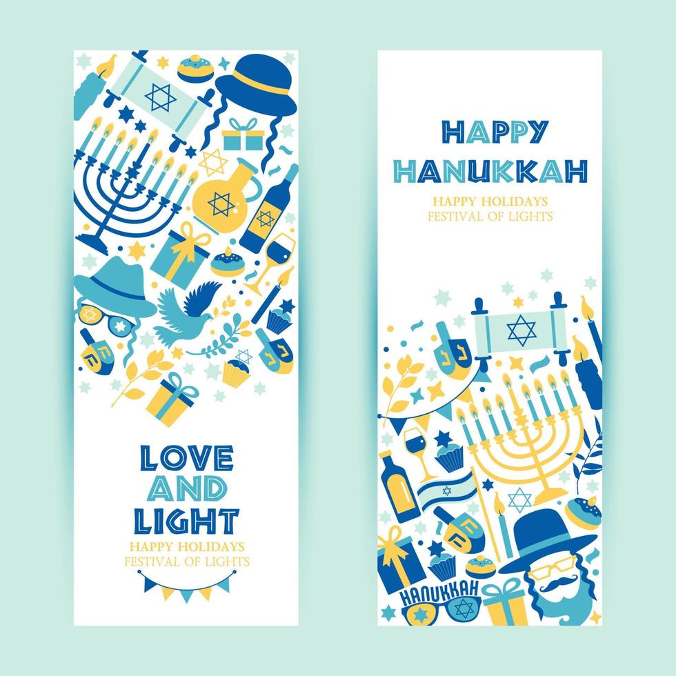 ensemble de bannières de hanukkah de vacances juives et symboles traditionnels de hanukkah d'invitation. vecteur