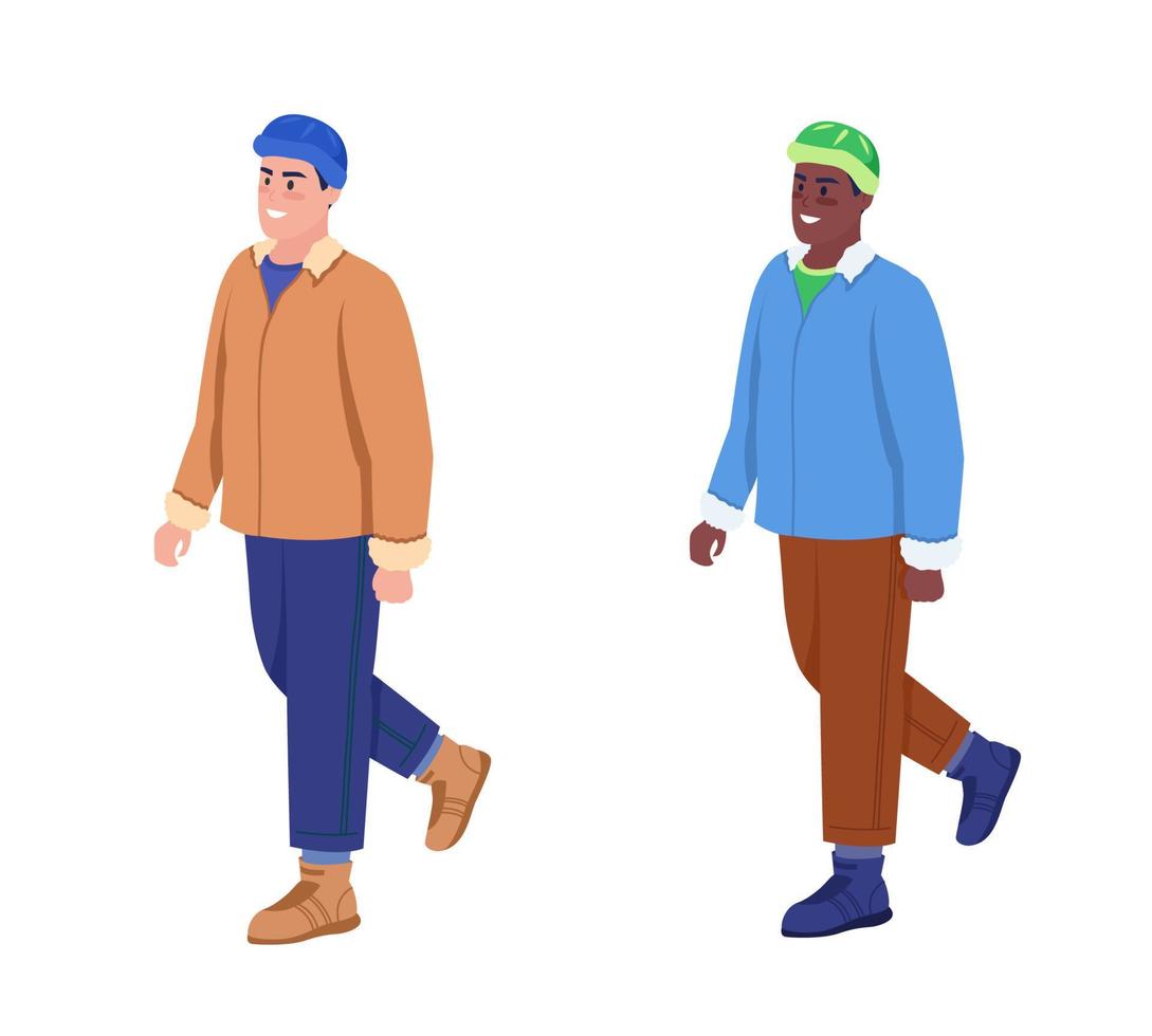 homme en hiver marche jeu de caractères vectoriels couleur semi-plat. personnages posant. personnes de tout le corps sur blanc. illustration de style dessin animé moderne isolé de saison froide pour la conception graphique et l'ensemble d'animation vecteur