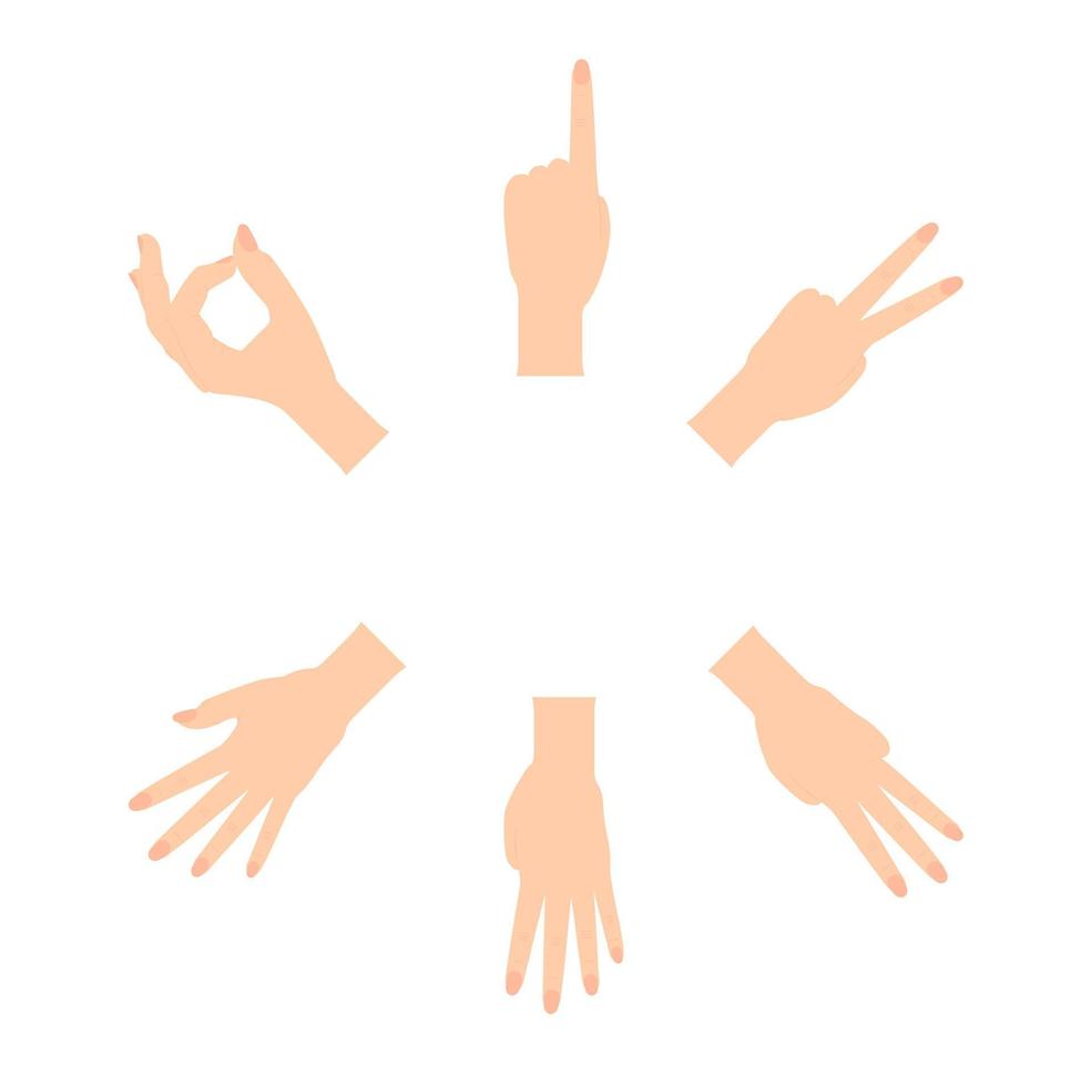 ensemble de silhouettes de mains naturalistes qui montrent les chiffres 0, 1, 2, 3, 4, 5 avec la flexion des doigts. illustration vectorielle vecteur