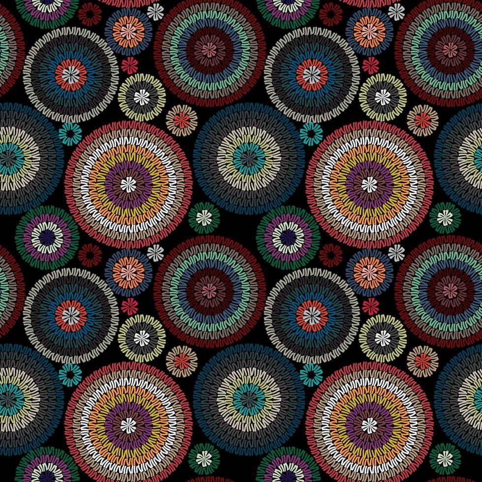 ornement de motif sans couture de broderie avec des cercles colorés sur fond noir. illustration vectorielle vecteur