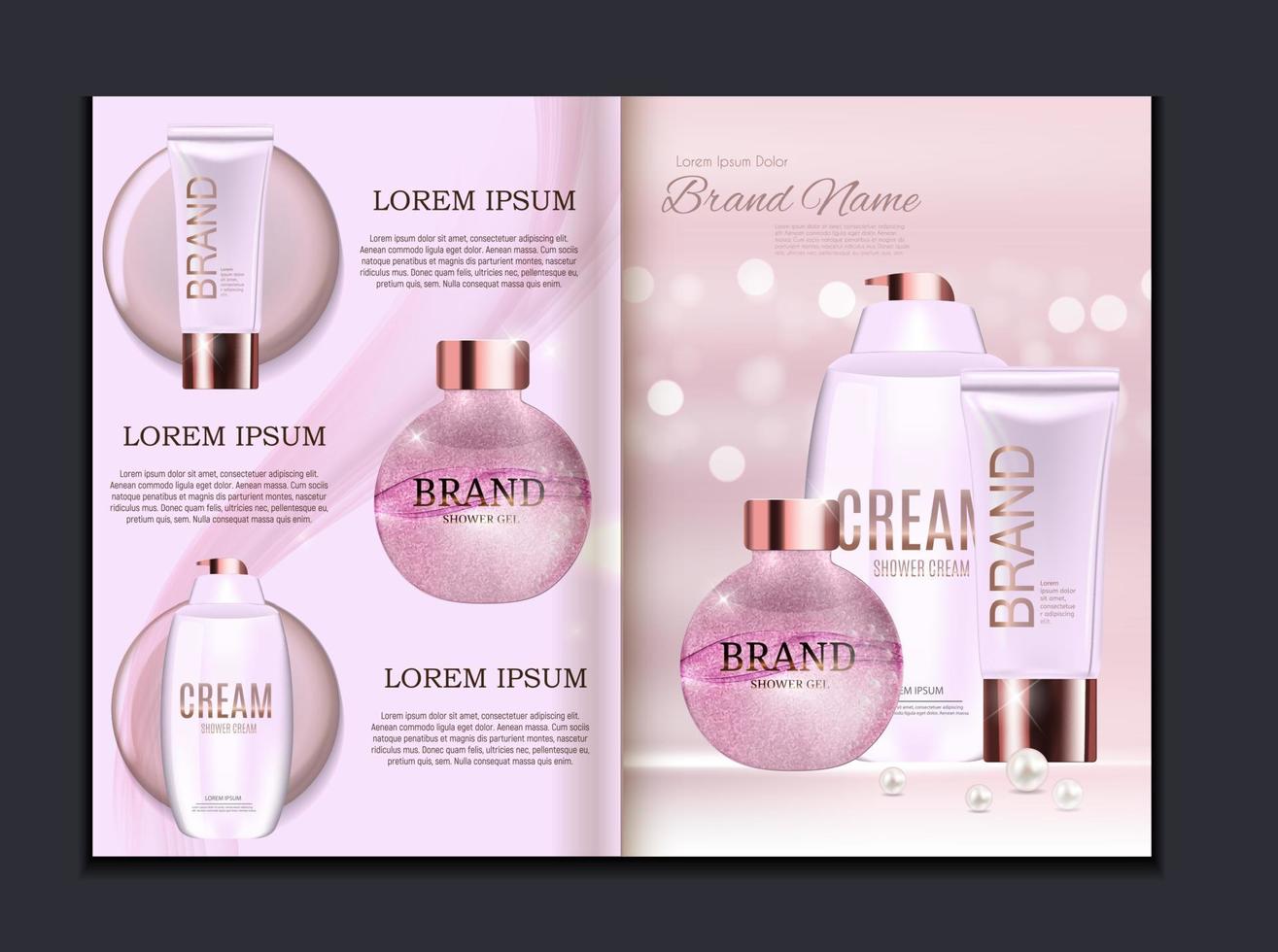 concevoir un modèle de brochure de produits cosmétiques pour des publicités ou un fond de magazine. illustration vectorielle réaliste 3d vecteur