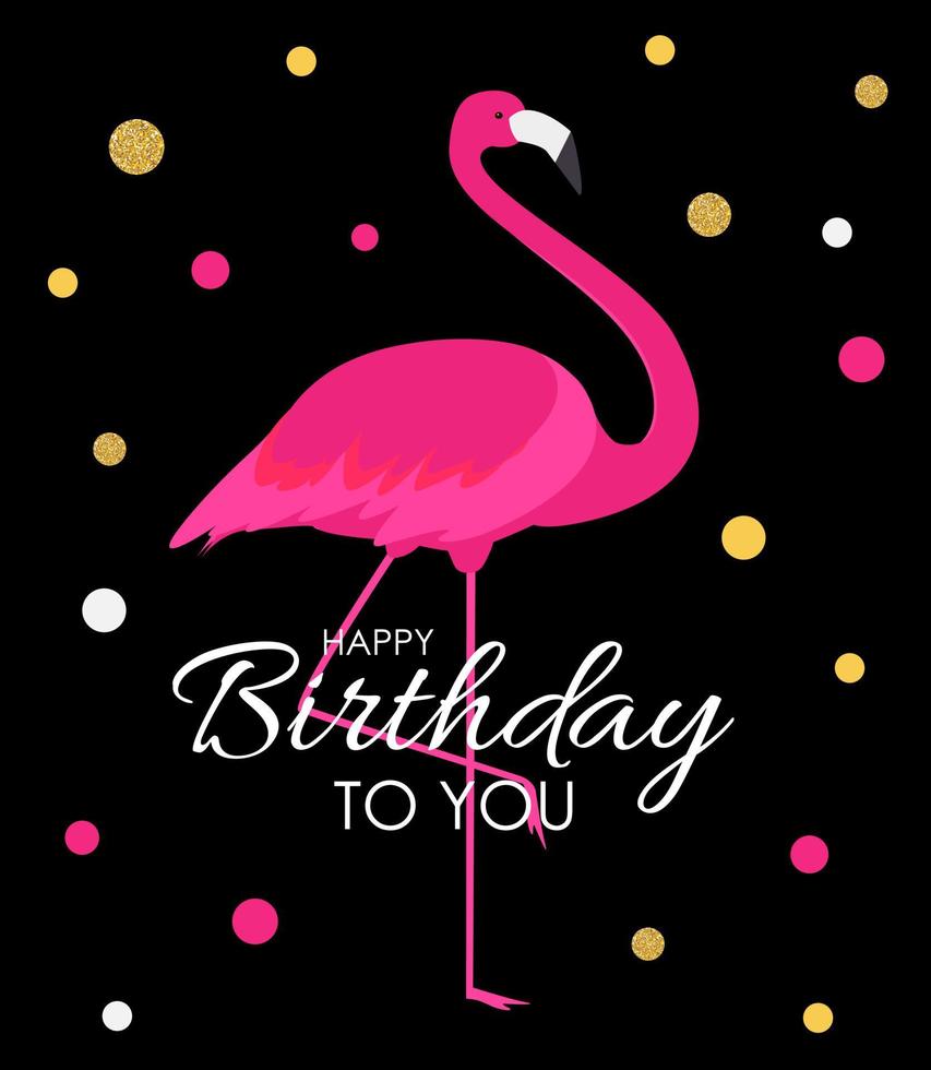Flamant rose de dessin animé coloré sur une belle carte de voeux d'arrière-plan pour les voeux d'anniversaire. illustration vectorielle vecteur