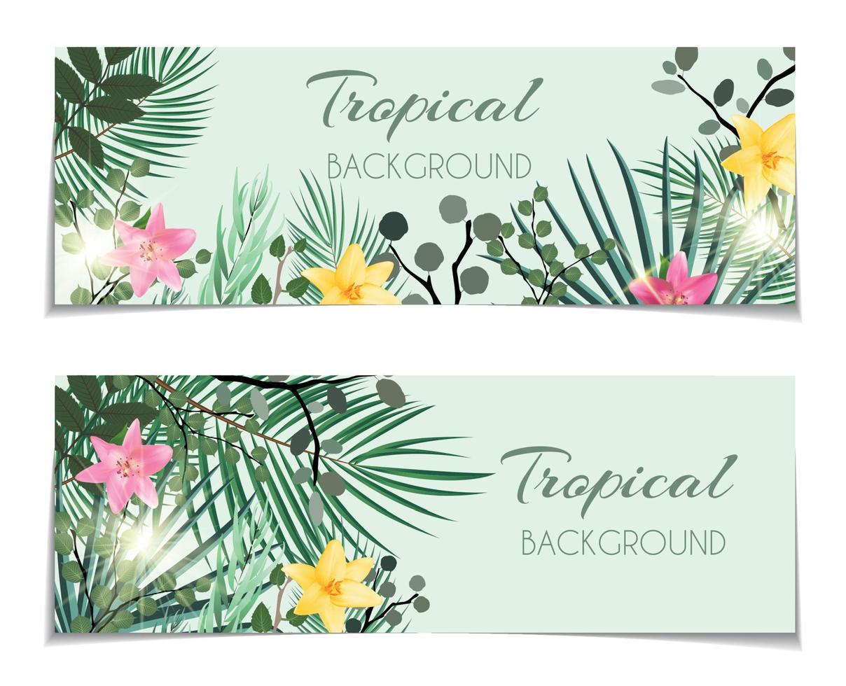 chèque-cadeau tropical naturel abstrait, fond de carte de réduction avec palmiers et autres feuilles et fleurs de lys. illustration vectorielle vecteur