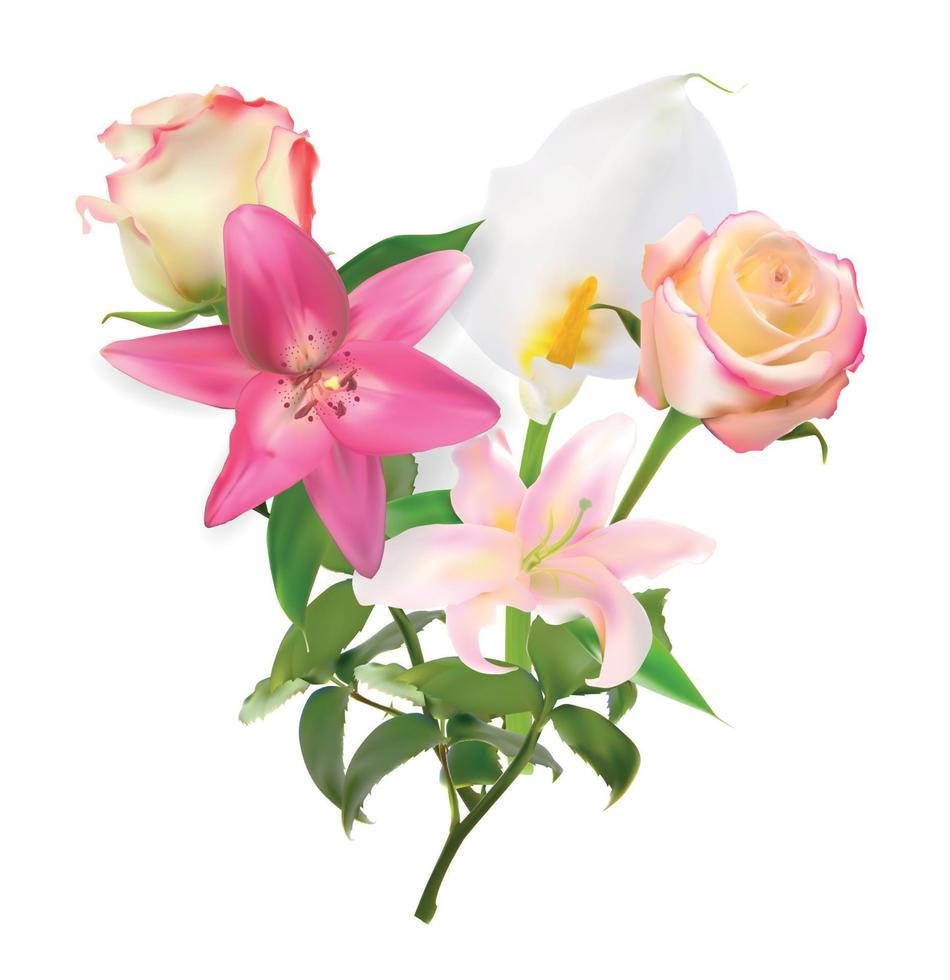 illustration vectorielle avec lys rose, calla et roses isolés sur fond blanc vecteur
